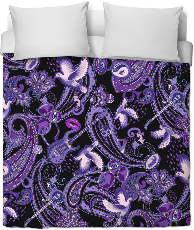 lightweight fleece microfiber duvet printed with the popular Paisley Prince Songbook design, which represents the songs of Prince in a graphic artwork.